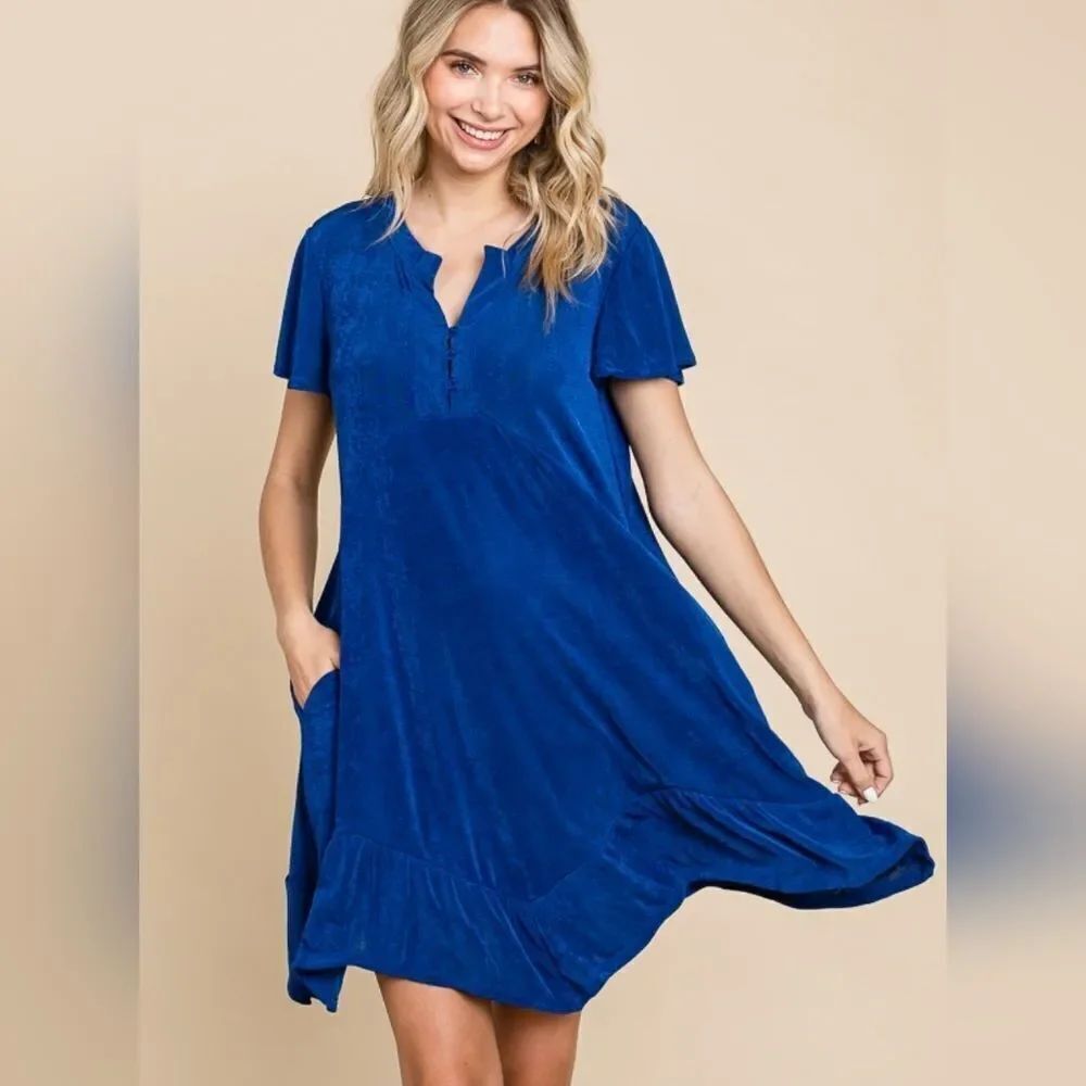 Flutter Sleeve Ruffled Asymmetric Vibrant Blue Flowy Dress